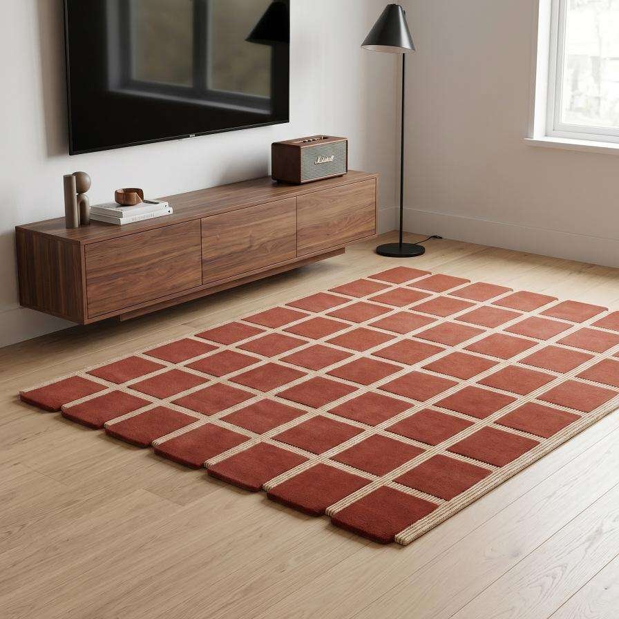 Modern Classic Terracotta Geometric Grid Wool Area Rug Hand Tufted Floral Pattern Flat Pile Carpet for Living Room Bedroom